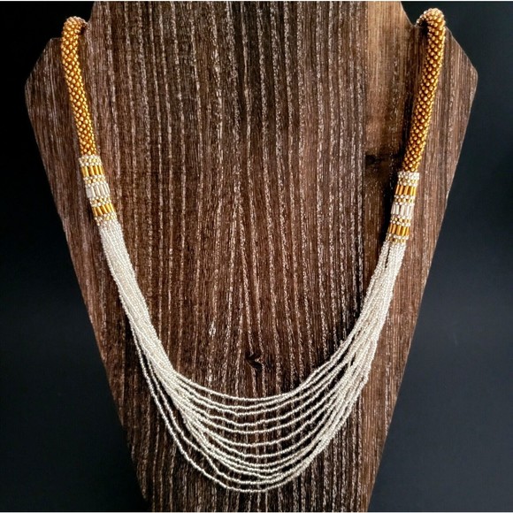 Y2K Himalayan Glass Bead Necklace Multi Strands White/Gold Tone 30" Nepal NWT! - Picture 4 of 9